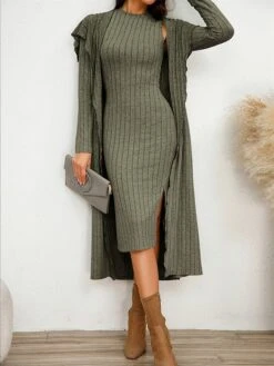 Women's Two Piece Dress Set Casual Dress Sheath Dress Home Daily Fashion Streetwear Split Midi Dress Stand Collar Long Sleeve Plain Slim Black Army Green Gray Fall Winter S M L XL XXL -HANA Luxury Wear Shop gvfgrr1695813705821