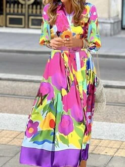 Women's Shirt Dress Casual Dress Midi Dress Outdoor Daily Vacation Polyester Fashion Modern Shirt Collar Button Print Long Sleeve Summer Spring Fall 2023 Loose Fit Purple Floral S M L XL 2XL -HANA Luxury Wear Shop gvtpkn1690966328304