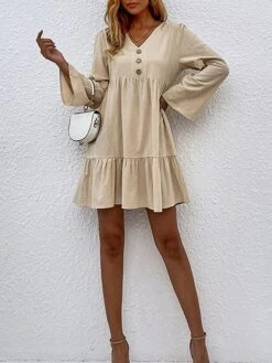 Women's Casual Dress Cotton Linen Dress Mini Dress Linen / Cotton Blend Basic Classic Outdoor Daily Vacation Split Neck Ruffle Button Long Sleeve Fall Winter Autumn 2023 Loose Fit Apricot Plain S M L -HANA Luxury Wear Shop gweyaj1695014838892