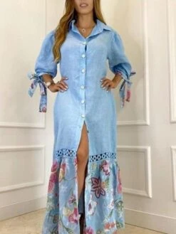 Women's Shirt Dress Casual Dress Shift Dress Long Dress Maxi Dress White Yellow Pink 3/4 Length Sleeve Floral Split Summer Spring Shirt Collar Fashion Loose Fit 2023 S M L XL 2XL 3XL 4XL -HANA Luxury Wear Shop gwtxwt1672050943649