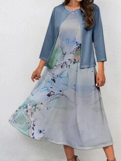 Women's Two Piece Dress Set Casual Dress Swing Dress Outdoor Office Fashion Streetwear Print Midi Dress Crew Neck 3/4 Length Sleeve Floral Ombre Regular Fit Pink Blue Purple Fall Winter S M L XL XXL -HANA Luxury Wear Shop gxbcru1697681154233