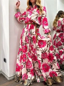 Women's Shirt Dress Casual Dress Swing Dress Maxi Long Dress Outdoor Daily Vacation Satin Fashion Modern Shirt Collar Button Split Long Sleeve Spring Fall 2023 Loose Fit Dark Pink Floral S M L XL 2XL