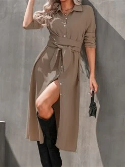 Women's Shirt Dress Shift Dress Swing Dress Maxi Long Dress Winter Dress Daily Holiday Polyester Elegant Classic Shirt Collar Button With Belt Long Sleeve Spring Fall Winter 2023 Regular Fit Black -HANA Luxury Wear Shop gxhhbc1663559806290