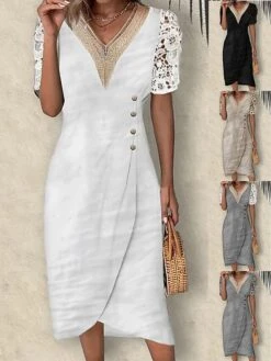 Women's Casual Dress Cotton Linen Dress Shift Dress Maxi Long Dress Cotton Blend Fashion Modern Outdoor Office Daily V Neck Lace Patchwork Short Sleeve Summer Spring 2023 Loose Fit Black White Dark