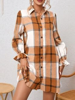 Women's Shirt Dress Casual Dress Mini Dress Outdoor Office Daily Fleece Fashion Modern Shirt Collar Ruffle Button Long Sleeve Fall Winter 2023 Loose Fit Khaki Plaid S M L XL 2XL -HANA Luxury Wear Shop gxsmfy1692687556906