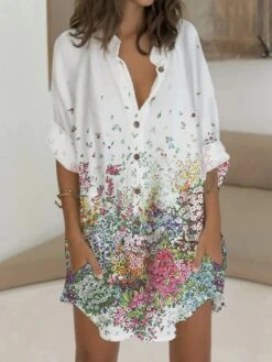 Women's Shirt Dress Casual Dress Shift Dress Mini Dress Outdoor Date Vacation Polyester Fashion Modern V Neck Button Pocket 3/4 Length Sleeve Summer Spring 2023 Regular Fit White Pink Blue Bird Flower -HANA Luxury Wear Shop gybmig1676969326905