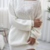 Women‘s Sweater Dress Winter Dress White Dress Light Gray White Long Sleeve Pure Color Patchwork Fall Spring Off Shoulder Casual Lantern Sleeve Fit S M L XL