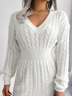 Women‘s Sweater Dress Winter Dress Sheath Dress Blue Khaki White Long Sleeve Pure Color Knit Winter Fall V Neck Fashion Classic Lantern Sleeve Fit 2022 S M L White Dress -HANA Luxury Wear Shop gywkcp1662432826398