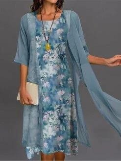 Women's Two Piece Dress Set Casual Dress Chiffon Dress Outdoor Daily Fashion Streetwear Print Midi Dress Crew Neck Half Sleeve Floral Ombre Regular Fit Pink Blue Purple Fall Winter S M L XL XXL -HANA Luxury Wear Shop gyzoad1695194252472