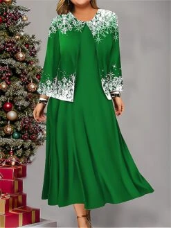 Women's Plus Size Two Piece Dress Set Casual Dress Swing Dress Outdoor Office Fashion Streetwear Print Midi Dress Crew Neck Long Sleeve Snowflake Regular Fit Red Blue Purple Fall Winter L XL XXL 3XL -HANA Luxury Wear Shop gzredc1697614014636