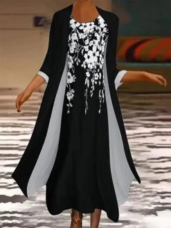 Women's Two Piece Dress Set Casual Dress Print Dress Daily Holiday Fashion Modern Print Long Dress Maxi Dress Crew Neck Long Sleeve Floral Regular Fit Black Summer Spring S M L XL XXL -HANA Luxury Wear Shop hacjuv1695190609567