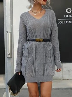 Women's Sweater Dress Jumper Dress Casual Dress Mini Dress Warm Pure Color Outdoor Casual Daily Going Out V Neck Long Sleeve 2023 Loose Fit Gray S M L -HANA Luxury Wear Shop hafrat1695194442551