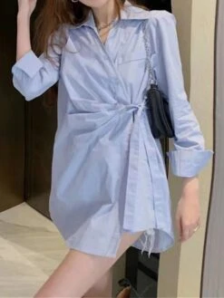 Women's Shirt Dress Casual Dress Mini Dress Outdoor Daily Vacation Polyester Fashion Modern Shirt Collar Lace Up Button Long Sleeve Spring Fall Winter 2023 Loose Fit Sky Blue Plain S M L XL 2XL -HANA Luxury Wear Shop hazyja1695027661578
