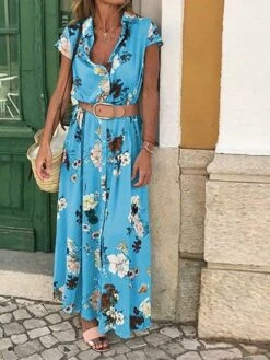 Women's Shirt Dress Shift Dress Maxi Long Dress Outdoor Winter Dress Daily Cotton Blend Stylish Casual Shirt Collar With Belt Tie Belt Short Sleeve Summer Spring Fall 2023 Regular Fit Yellow Blue -HANA Luxury Wear Shop hblssj1642065324446