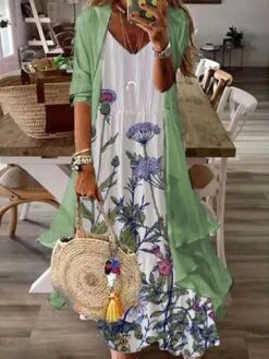 Women's Two Piece Dress Set Print Dress Daily Vacation Casual Print Maxi Dress V Neck 3/4 Length Sleeve Floral Loose Fit White Purple Green Summer Spring S M L XL XXL -HANA Luxury Wear Shop hbmnhr1679981308076
