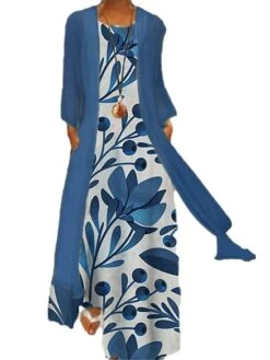 Women's Two Piece Dress Set Casual Dress Shift Dress Daily Going Out Casual Pocket Print Maxi Dress Crew Neck 3/4 Length Sleeve Floral Loose Fit Light Green Pink Blue Summer Spring M L XL XXL XXXL -HANA Luxury Wear Shop hbobkc1672828063115