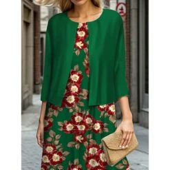 Women's Two Piece Dress Set Casual Dress Swing Dress Outdoor Office Fashion Streetwear Print Midi Dress Crew Neck 3/4 Length Sleeve Floral Regular Fit Red Green Fall Winter S M L XL XXL -HANA Luxury Wear Shop hceote1695644968821