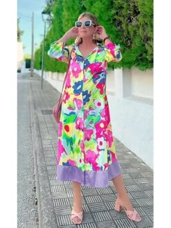 Women's Shirt Dress Casual Dress Midi Dress Outdoor Daily Vacation Polyester Fashion Modern Shirt Collar Button Print Long Sleeve Summer Spring Fall 2023 Loose Fit Purple Floral S M L XL 2XL -HANA Luxury Wear Shop hcetjg1692674981429