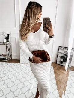 Women‘s Sweater Dress Winter Dress Black Khaki White Long Sleeve Pure Color Patchwork Fall V Neck Hot Casual S M L XL -HANA Luxury Wear Shop hcqlei1614681689379