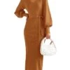 Women's Sweater Dress Jumper Dress Casual Dress Long Dress Maxi Dress Warm Pure Color Outdoor Casual Daily Going Out V Neck Long Sleeve Lace Up 2023 Slim Black Burgundy Camel S M L XL XXL -HANA Luxury Wear Shop hcxcno1695106680776