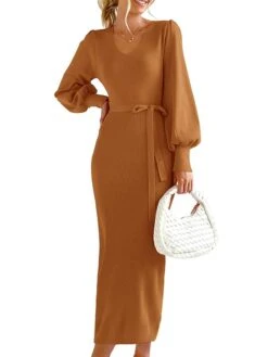 Women's Sweater Dress Jumper Dress Casual Dress Long Dress Maxi Dress Warm Pure Color Outdoor Casual Daily Going Out V Neck Long Sleeve Lace Up 2023 Slim Black Burgundy Camel S M L XL XXL