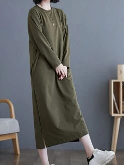 Women's Casual Dress Cotton Linen Dress T Shirt Dress Tee Dress Midi Dress Polyester Basic Classic Outdoor Daily Vacation Crew Neck Pocket 3/4 Length Sleeve Fall Autumn 2023 Loose Fit ArmyGreen Black -HANA Luxury Wear Shop hddwwu1693366314900