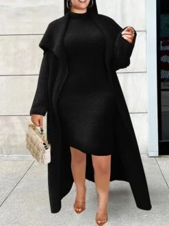 Women's Two Piece Dress Set Casual Dress Sheath Dress Daily Going Out Fashion Streetwear Lace Up Midi Dress Stand Collar Long Sleeve Plain Slim Black Yellow Wine Fall Winter S M L XL XXL -HANA Luxury Wear Shop hddzip1693295540956