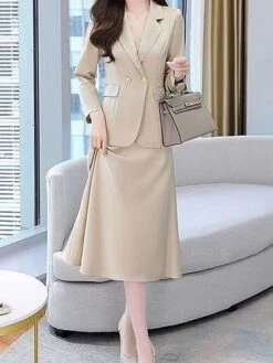 Women's Two Piece Dress Set Work Dress Skirt Set Formal Office Streetwear Elegant Button Pocket Midi Dress Shirt Collar Long Sleeve Plain Regular Fit Black Purple Beige Fall Winter M L XL XXL 3XL -HANA Luxury Wear Shop hfjzno1694498845850