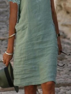 Women's Cotton Linen Dress Casual Dress Shift Dress Midi Dress Cotton Blend Basic Casual Outdoor Daily V Neck Patchwork Short Sleeve Summer Spring 2023 Loose Fit Green Plain S M L XL 2XL -HANA Luxury Wear Shop hfocyp1678333284129