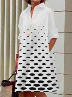 Women's Shirt Dress Casual Dress Midi Dress Outdoor Daily Vacation Polyester Fashion Casual Shirt Collar Button Pocket Long Sleeve Summer Spring Fall 2023 Loose Fit Black White Gray Polka Dot Flower -HANA Luxury Wear Shop hgmzzy1690514628960