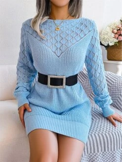 Women's Sweater Dress Winter Dress Jumper Dress Mini Dress Hollow Out Daily Date Going Out Active Fashion Off Shoulder Long Sleeve 2023 Loose Fit White Pink Blue Color S M L Size -HANA Luxury Wear Shop hgsjly1692863461870