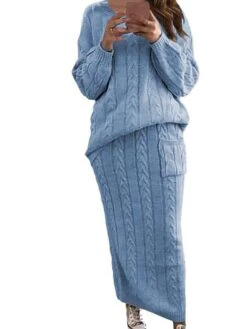 Women's Two Piece Dress Set Casual Dress Skirt Set Daily Holiday Fashion Streetwear Pocket Ribbed Long Dress Maxi Dress Crew Neck Long Sleeve Plain Loose Fit Black Yellow Wine Fall Winter S M L XL XXL -HANA Luxury Wear Shop hguxrf1694165726842