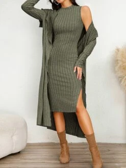 Women's Two Piece Dress Set Casual Dress Sheath Dress Home Daily Fashion Streetwear Split Midi Dress Stand Collar Long Sleeve Plain Slim Black Army Green Gray Fall Winter S M L XL XXL -HANA Luxury Wear Shop hhrbga1695813704817