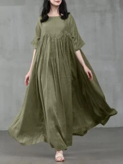 Women's Casual Dress Cotton Linen Dress Swing Dress Long Dress Maxi Dress Black Pink Green Short Sleeve Pure Color Ruched Spring Fall Autumn Crew Neck Elegant Vacation Loose Fit 2022 S M L XL XXL 3XL -HANA Luxury Wear Shop hhsopv1629970907768