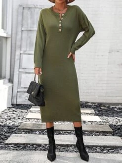 Women's Sweater Dress Winter Dress Jumper Dress Midi Dress Button Street Daily Going Out Fashion Streetwear Crew Neck Long Sleeve 2023 Loose Fit Black White Purple Color S M L XL Size -HANA Luxury Wear Shop hhzzyb1692259876833