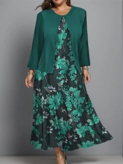 Women's Plus Size Two Piece Dress Set Casual Dress Swing Dress Outdoor Office Fashion Streetwear Print Midi Dress Crew Neck Long Sleeve Floral Regular Fit Burgundy Navy Blue Blue Fall Winter L XL XXL -HANA Luxury Wear Shop hiapwc1697003813673