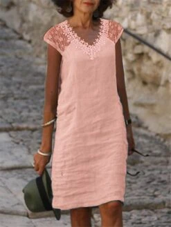 Women's Casual Dress Cotton Linen Dress Shift Dress Midi Dress Cotton Blend Basic Casual Outdoor Daily V Neck Lace Patchwork Short Sleeve Summer Spring 2023 Loose Fit White Pink Blue Pure Color S M L -HANA Luxury Wear Shop hidgfm1681211780789