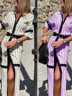 Women's Shirt Dress Casual Dress Shift Dress Maxi Long Dress Outdoor Daily Vacation Polyester Fashion Basic Shirt Collar Button Split Long Sleeve Summer Spring Fall 2023 Regular Fit White Purple -HANA Luxury Wear Shop hjfxlp1689239759374
