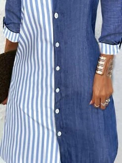Women's Shirt Dress Casual Dress Shift Dress Mini Dress Outdoor Daily Date Polyester Basic Classic Shirt Collar Button Print Long Sleeve Spring Fall Winter 2023 Regular Fit Blue Striped S M L XL -HANA Luxury Wear Shop hjmklu1692856904072