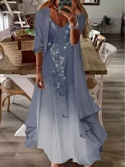 Women‘s Casual Dress Dress Set Two Piece Dress Long Dress Maxi Dress Blue Half Sleeve Print Ruched Summer Spring Fall V Neck Basic Daily Date 2023 S M L XL XXL 3XL -HANA Luxury Wear Shop hjoqtd1680836595762