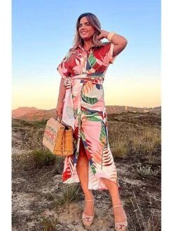 Women's Shirt Dress Casual Dress Maxi Long Dress Outdoor Daily Vacation Polyester Hot Casual Shirt Collar Lace Up Print Short Sleeve Summer Spring 2023 Regular Fit Pink Purple Green Flower S M L XL -HANA Luxury Wear Shop hjqanu1692087532950