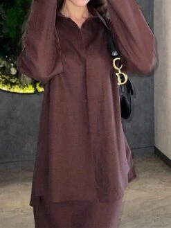 Women's Two Piece Dress Set Casual Dress Skirt Set Outdoor Daily Fashion Streetwear Button Pocket Long Dress Maxi Dress Shirt Collar Long Sleeve Plain Loose Fit Brown Green Beige Fall Winter S M L XL -HANA Luxury Wear Shop hjzrcm1693534951342