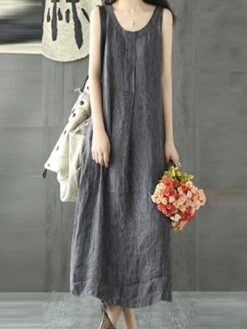 Women's Casual Dress Cotton Linen Dress Shift Dress Maxi Long Dress Cotton Blend Casual Daily Holiday Vacation Crew Neck Pocket Cold Shoulder Sleeveless Summer Spring 2023 Regular Fit Black Gray Pure -HANA Luxury Wear Shop hkiijg1679376653737