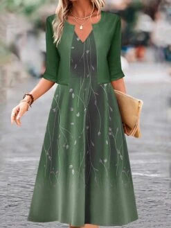 Women's Two Piece Dress Set Casual Dress Swing Dress Outdoor Daily Fashion Elegant Print Midi Dress V Neck Half Sleeve Floral Ombre Regular Fit Blue Purple Green Fall Winter S M L XL XXL -HANA Luxury Wear Shop hkpjhi1697681149728