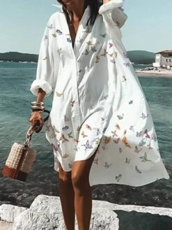 Women's Shirt Dress Casual Dress Swing Dress Mini Dress Outdoor Daily Vacation Polyester Fashion Casual Shirt Collar Button Print Long Sleeve Summer Spring Fall 2023 Loose Fit White Blue Green Floral -HANA Luxury Wear Shop hkqgvp1678781306080