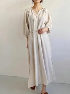 Women's Casual Dress Cotton Linen Dress Loose Dress Midi Dress Linen / Cotton Blend Fashion Daily Outdoor Daily Vacation V Neck Lace Up Button Long Sleeve Fall Autumn 2023 Loose Fit Black Blue Apricot -HANA Luxury Wear Shop hkuqzf1692955811319