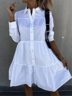 Women's Shirt Dress Casual Dress Swing Dress Midi Dress Outdoor Daily Vacation Cotton Basic Modern Shirt Collar Ruffle Button Long Sleeve Fall Winter 2023 Regular Fit ArmyGreen Black White Pure Color -HANA Luxury Wear Shop hkwybl1695813925923