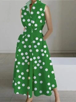 Women's Shirt Dress Casual Dress Swing Dress Maxi Long Dress Outdoor Office Daily Satin Fashion Modern Shirt Collar Button Pocket Sleeveless Summer Spring 2023 Regular Fit Black White Green Polka Dot -HANA Luxury Wear Shop hkxmyv1685346263627