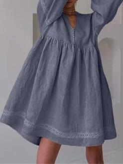 Women's Casual Dress Cotton Linen Dress Swing Dress Mini Dress Linen / Cotton Blend Fashion Modern Outdoor Daily Vacation V Neck Lace Ruched Long Sleeve Fall Winter Autumn 2023 Loose Fit Blue Brown -HANA Luxury Wear Shop hkzixc1692961125473