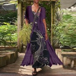 Women's Dress Set Two Piece Dress Chiffon Dress Long Dress Maxi Dress Black Red Navy Blue Short Sleeve Floral Lace Up Summer Spring Crew Neck Stylish Loose Fit 2023 S M L XL XXL 3XL 4XL 5XL -HANA Luxury Wear Shop hljflp1648535174670